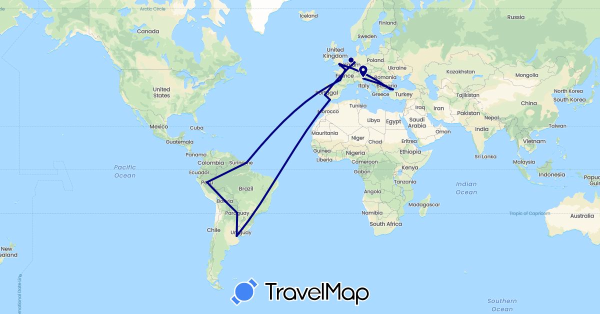 TravelMap itinerary: driving in Argentina, Bolivia, Germany, Spain, France, United Kingdom, Italy, Netherlands, Peru, Portugal, Paraguay, Turkey (Asia, Europe, South America)